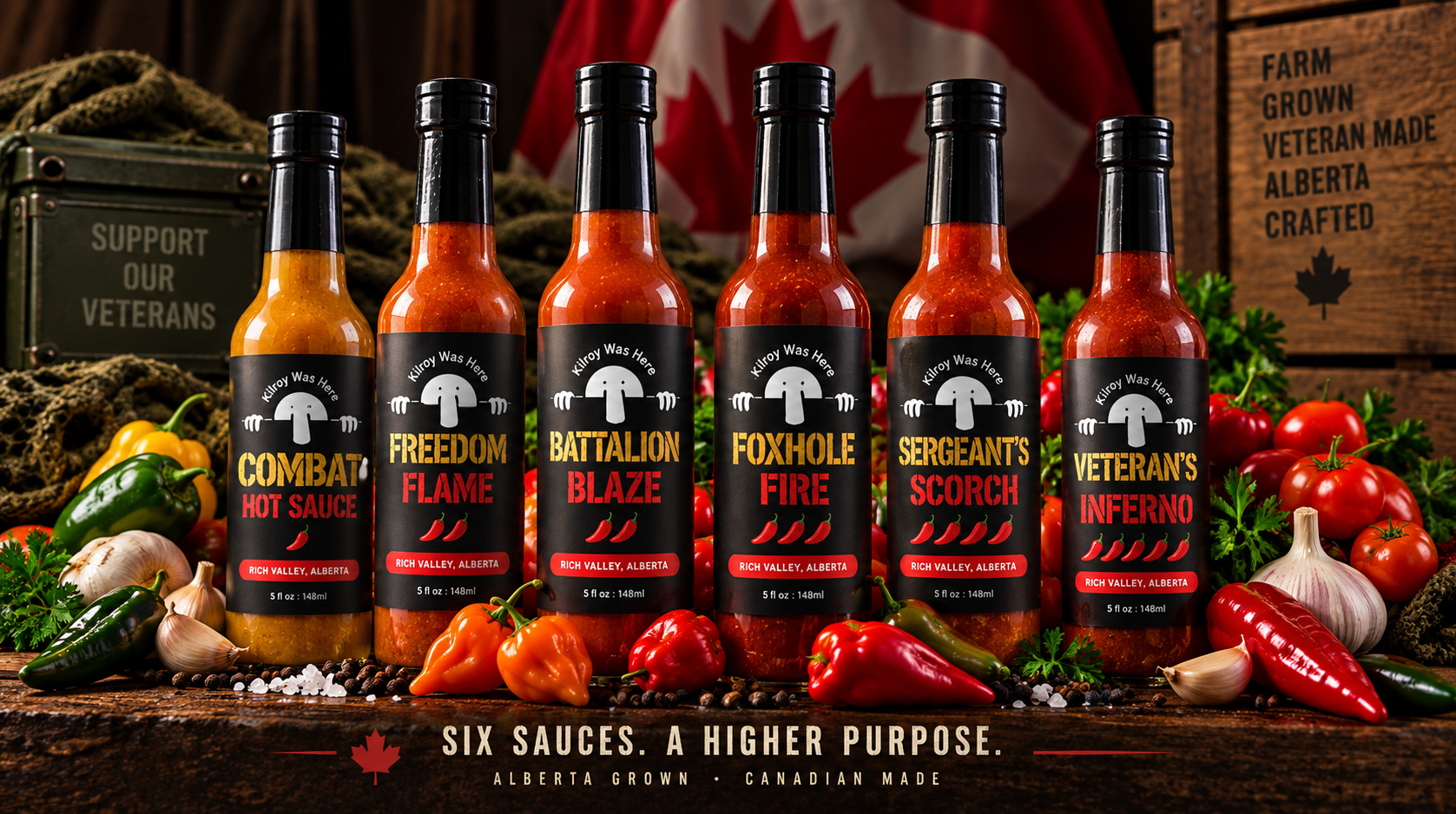 Six Veteran Hot Sauce varieties made in Alberta