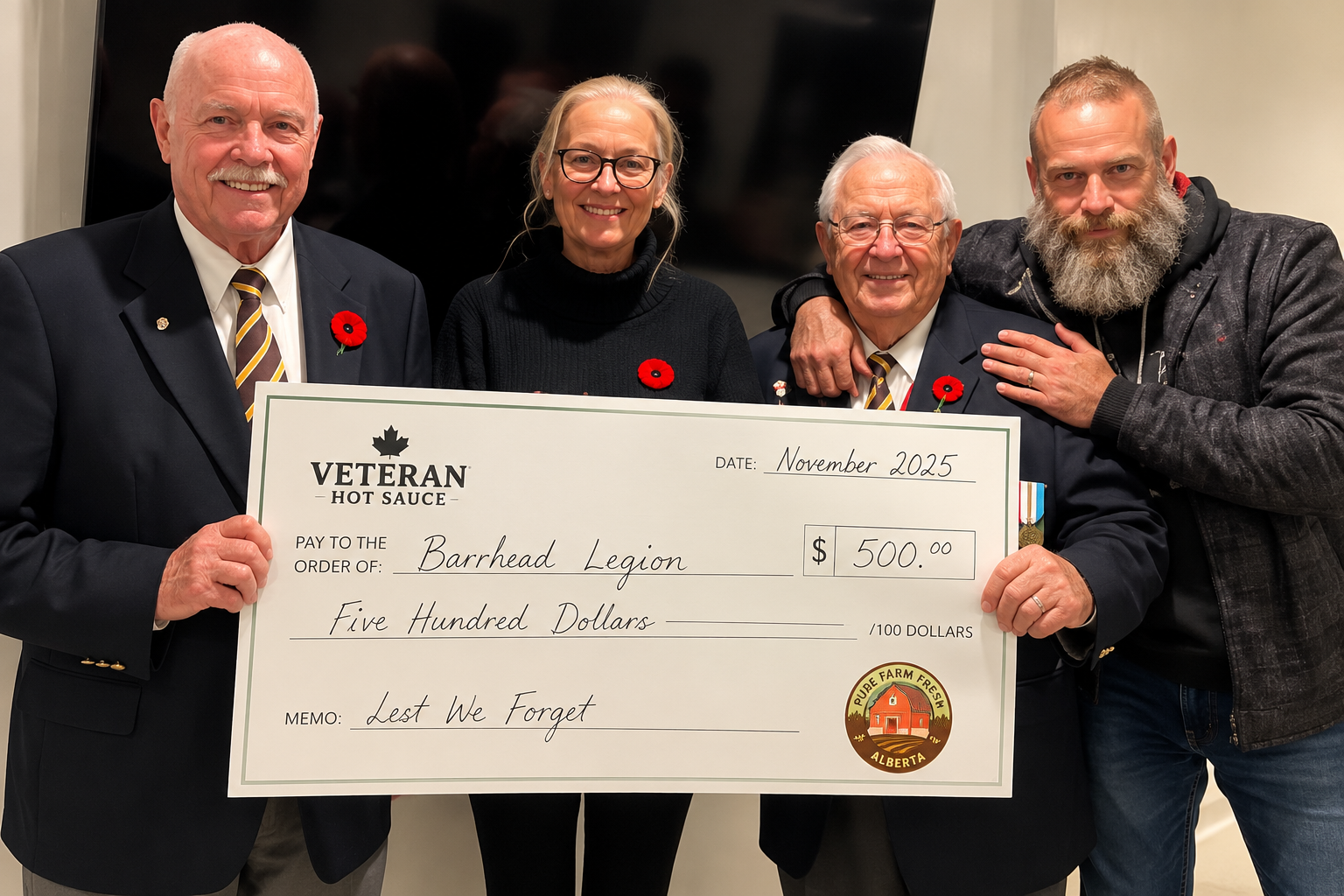 Veteran Hot Sauce donation presentation to the Barrhead Legion